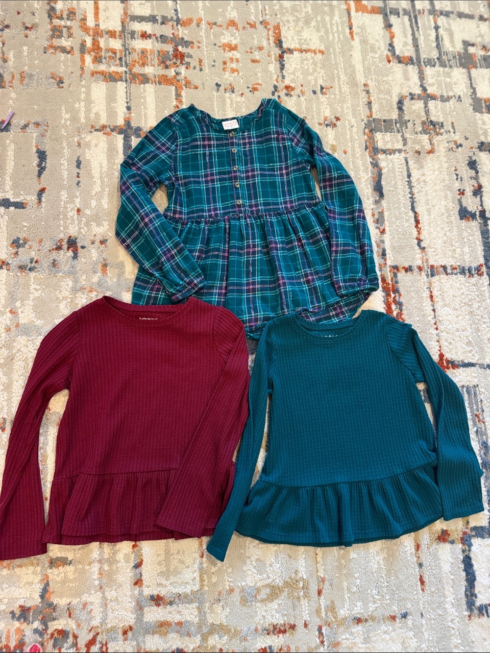 jumping beans Girls Three-Pack Long Sleeve Tops - Green Plaid, Burgundy, Teal